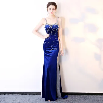 Sexy Bleu Roi Transparentes Robe De Soirée 2018 Gaine Ajustement Sans Manches Bretelles Spaghetti Perlage Paillettes Train De Balayage Dos Nu Robe De Ceremonie