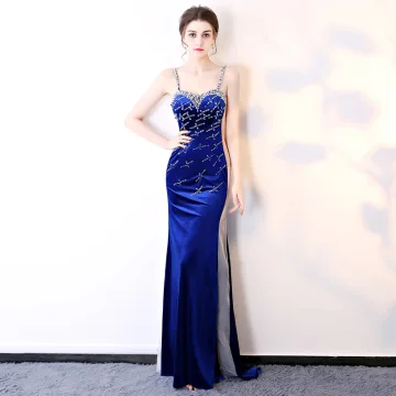 Sexy Königliches Blau Durchsichtige Abendkleider 2018 Etui Ärmellos Spaghettiträger Perlenstickerei Pailletten Sweep Pinsel Zug Rückenfreies Festliche Kleider