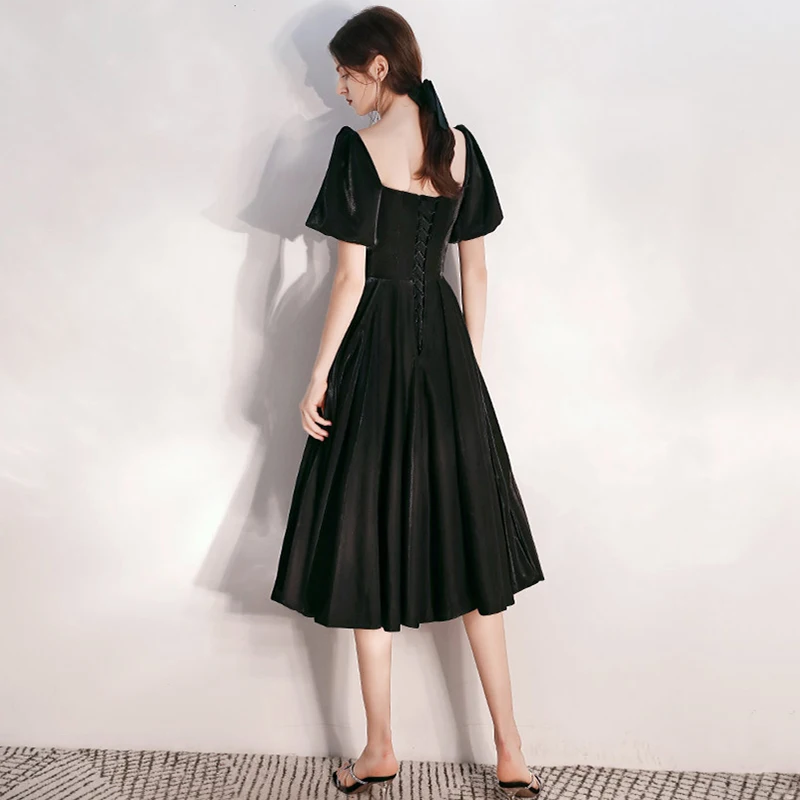 Fashion Black Suede Homecoming Graduation Dresses 2020 A Line Princess  Square Neckline Puffy Short Sleeve Tea Length Ruffle Backless Formal Dresses
