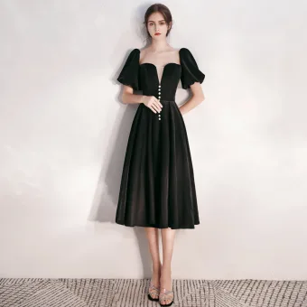 Fashion Black Suede Homecoming Graduation Dresses 2020 A Line Princess Square Neckline Puffy Short Sleeve Tea Length Ruffle Backless Formal Dresses