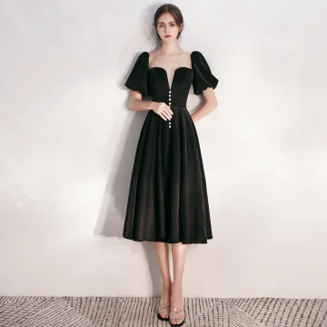 Moda Czarne Zamszowe Homecoming Sukienki Na Studniówke 2020 Princessa Kwadratowy Dekolt Bufiasta Kótkie Rękawy Długość Herbaty Wzburzyć Bez Pleców Sukienki Wizytowe