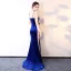 Sexy Bleu Roi Transparentes Robe De Soirée 2018 Gaine / Ajustement Sans Manches Bretelles Spaghetti Perlage Paillettes Train De Balayage Dos Nu Robe De Ceremonie
