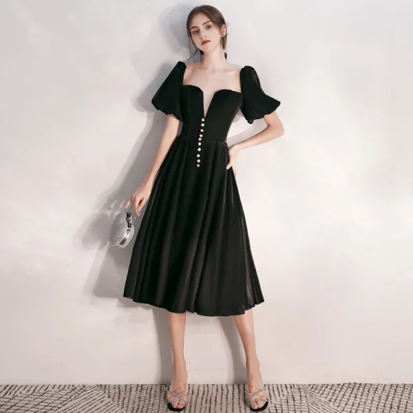 Fashion Black Suede Homecoming Graduation Dresses 2020 A-Line / Princess Square Neckline Puffy Short Sleeve Tea-length Ruffle Backless Formal Dresses