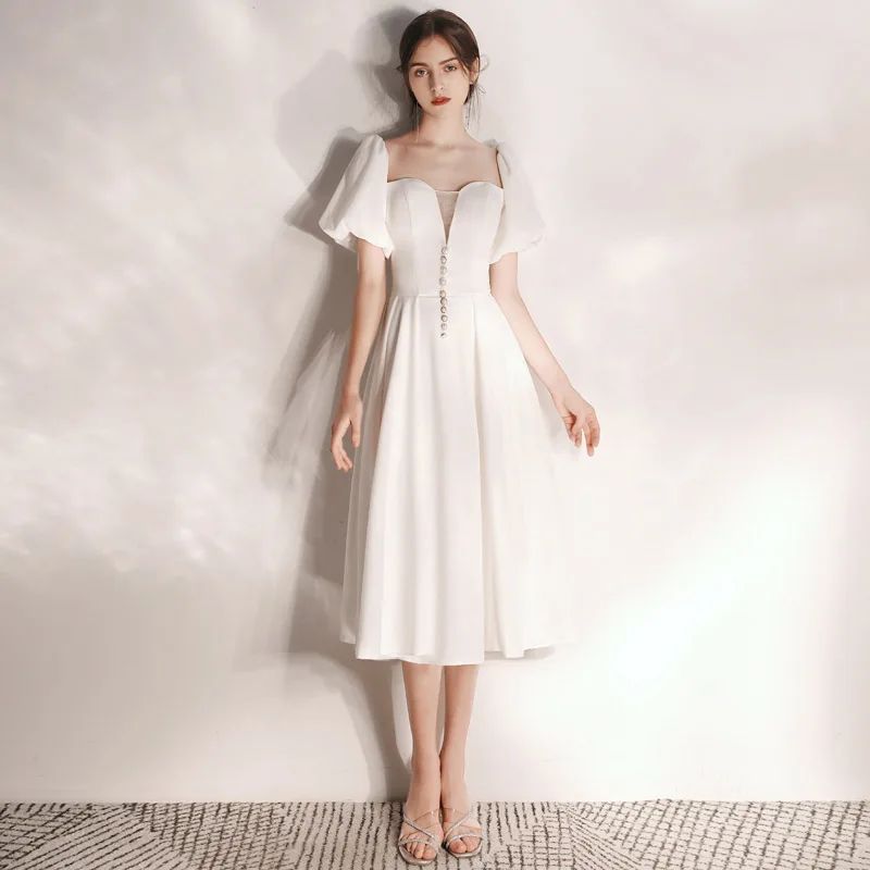 slim fit dress slacks Wedtrend Women White Graduation Dress A Line Square Neck Casual Dress with Lace, White / S main image 1