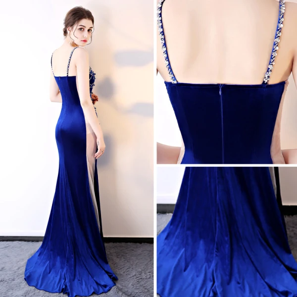Sexy Bleu Roi Transparentes Robe De Soirée 2018 Gaine / Ajustement Sans Manches Bretelles Spaghetti Perlage Paillettes Train De Balayage Dos Nu Robe De Ceremonie