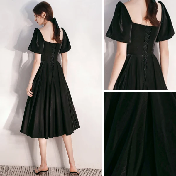 Fashion Black Suede Homecoming Graduation Dresses 2020 A-Line / Princess Square Neckline Puffy Short Sleeve Tea-length Ruffle Backless Formal Dresses