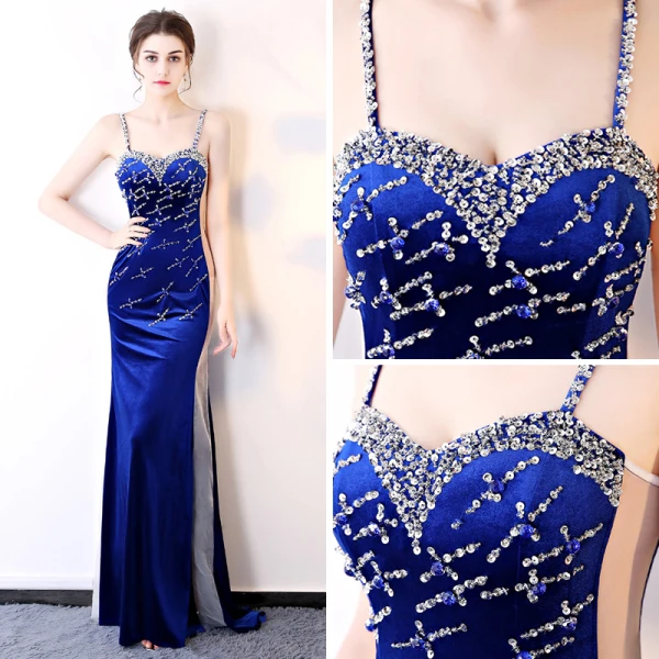 Sexy Bleu Roi Transparentes Robe De Soirée 2018 Gaine / Ajustement Sans Manches Bretelles Spaghetti Perlage Paillettes Train De Balayage Dos Nu Robe De Ceremonie