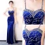 Sexy Bleu Roi Transparentes Robe De Soirée 2018 Gaine / Ajustement Sans Manches Bretelles Spaghetti Perlage Paillettes Train De Balayage Dos Nu Robe De Ceremonie