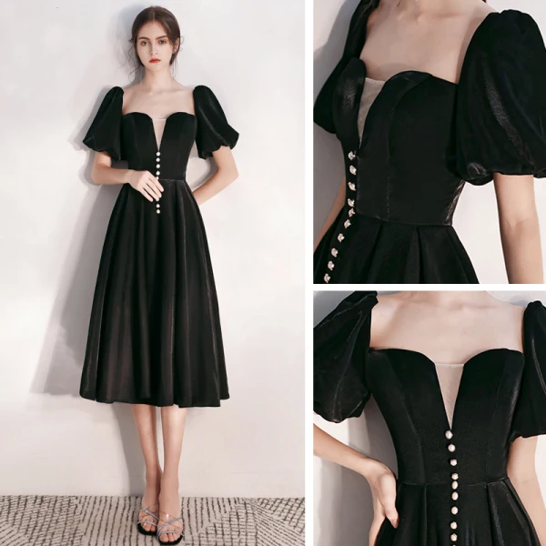 Fashion Black Suede Homecoming Graduation Dresses 2020 A-Line / Princess Square Neckline Puffy Short Sleeve Tea-length Ruffle Backless Formal Dresses