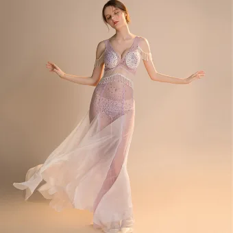 Sexy Lavande Transparentes Robe De Soirée 2018 Trompette Sirène V Cou Sans Manches Faux Diamant Perlage Gland Longue Volants Dos Nu Robe De Ceremonie