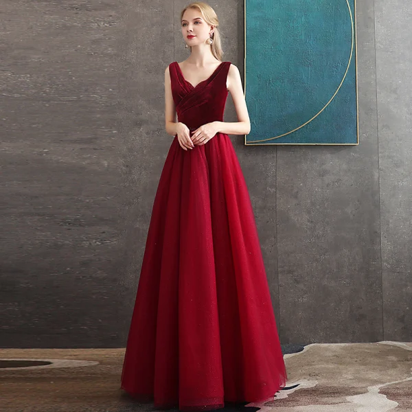 Meilleure Bordeaux Daim Robe De Soirée 2020 Princesse V-Cou Sans Manches Glitter Tulle Perlage Longue Volants Dos Nu Robe De Ceremonie