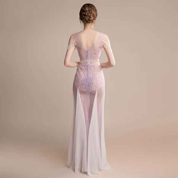 Sexy Lavande Transparentes Robe De Soirée 2018 Trompette / Sirène V-Cou Sans Manches Faux Diamant Perlage Gland Longue Volants Dos Nu Robe De Ceremonie