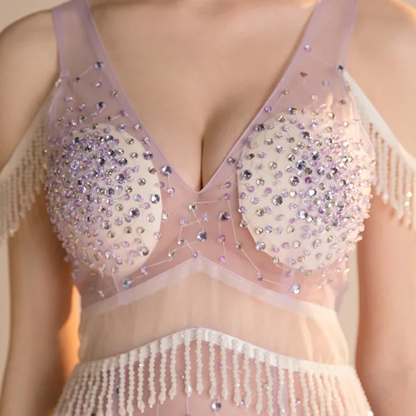 Sexy Lavande Transparentes Robe De Soirée 2018 Trompette / Sirène V-Cou Sans Manches Faux Diamant Perlage Gland Longue Volants Dos Nu Robe De Ceremonie