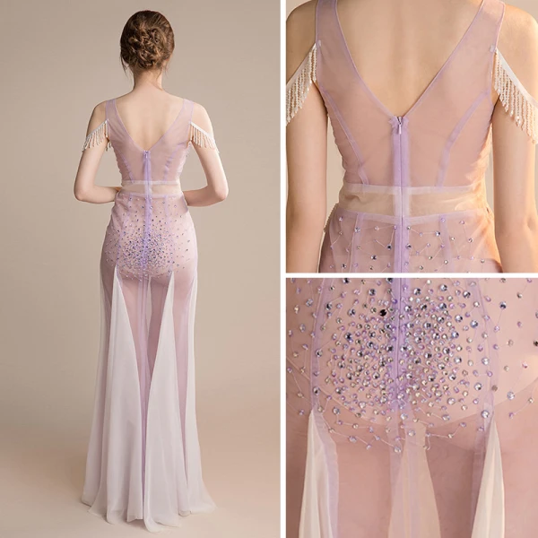 Sexy Lavande Transparentes Robe De Soirée 2018 Trompette / Sirène V-Cou Sans Manches Faux Diamant Perlage Gland Longue Volants Dos Nu Robe De Ceremonie