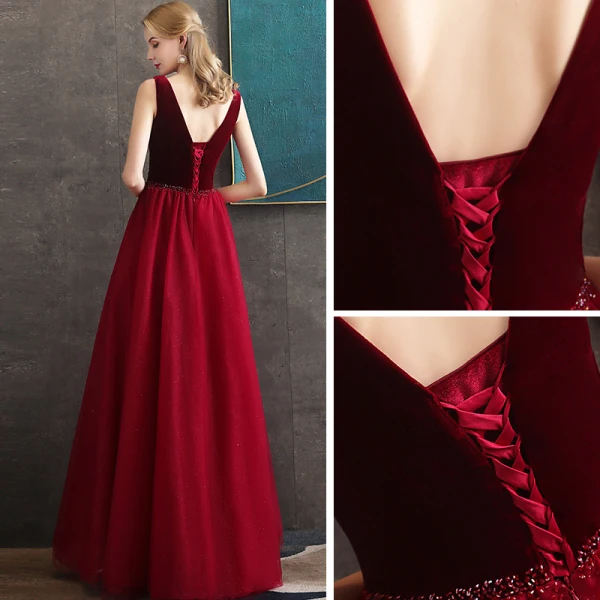 Meilleure Bordeaux Daim Robe De Soirée 2020 Princesse V-Cou Sans Manches Glitter Tulle Perlage Longue Volants Dos Nu Robe De Ceremonie