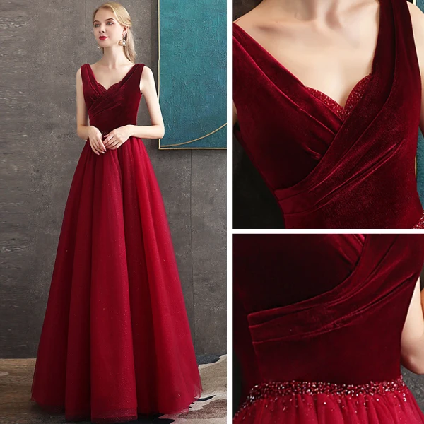 Meilleure Bordeaux Daim Robe De Soirée 2020 Princesse V-Cou Sans Manches Glitter Tulle Perlage Longue Volants Dos Nu Robe De Ceremonie