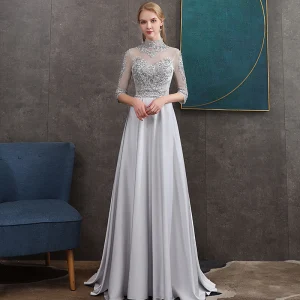Vintage Originale Gris Satin Transparentes Robe De Soirée 2020 Princesse Col Haut 1 2 Manches Appliques En Dentelle Ceinture Perlage Train De Balayage Volants Dos Nu Robe De Ceremonie