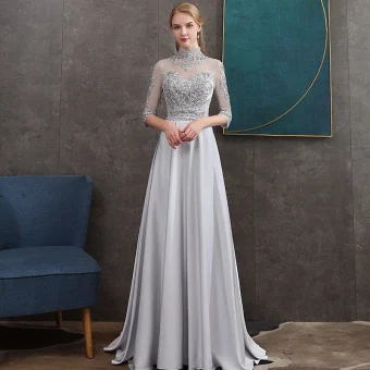 Vintage Originale Gris Satin Transparentes Robe De Soirée 2020 Princesse Col Haut 1 2 Manches Appliques En Dentelle Ceinture Perlage Train De Balayage Volants Dos Nu Robe De Ceremonie