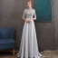 Vintage / Originale Gris Satin Transparentes Robe De Soirée 2020 Princesse Col Haut 1/2 Manches Appliques En Dentelle Ceinture Perlage Train De Balayage Volants Dos Nu Robe De Ceremonie