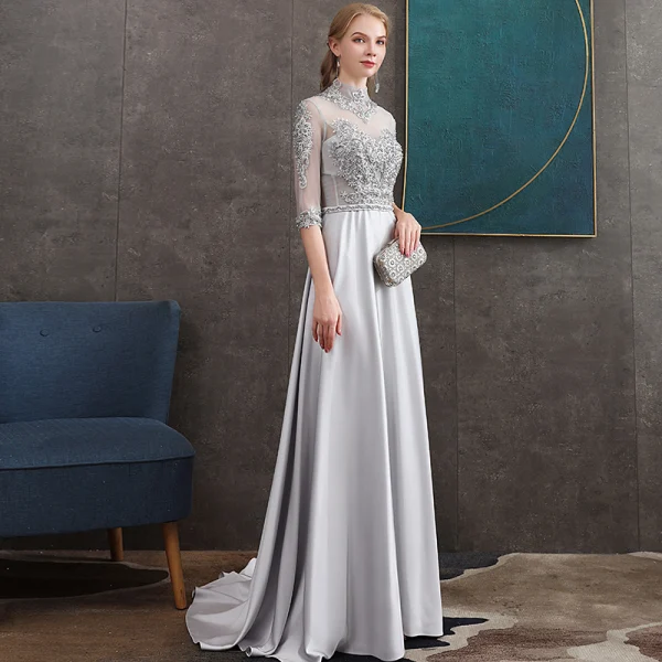 Vintage / Originale Gris Satin Transparentes Robe De Soirée 2020 Princesse Col Haut 1/2 Manches Appliques En Dentelle Ceinture Perlage Train De Balayage Volants Dos Nu Robe De Ceremonie