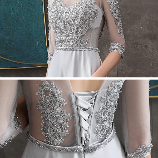 Vintage / Originale Gris Satin Transparentes Robe De Soirée 2020 Princesse Col Haut 1/2 Manches Appliques En Dentelle Ceinture Perlage Train De Balayage Volants Dos Nu Robe De Ceremonie