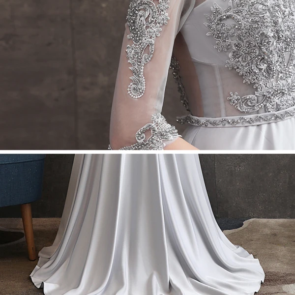 Vintage / Originale Gris Satin Transparentes Robe De Soirée 2020 Princesse Col Haut 1/2 Manches Appliques En Dentelle Ceinture Perlage Train De Balayage Volants Dos Nu Robe De Ceremonie