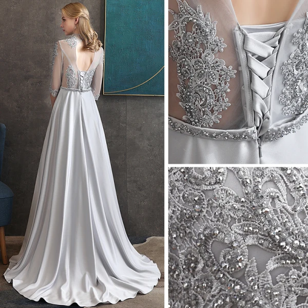 Vintage / Originale Gris Satin Transparentes Robe De Soirée 2020 Princesse Col Haut 1/2 Manches Appliques En Dentelle Ceinture Perlage Train De Balayage Volants Dos Nu Robe De Ceremonie