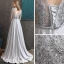 Vintage / Originale Gris Satin Transparentes Robe De Soirée 2020 Princesse Col Haut 1/2 Manches Appliques En Dentelle Ceinture Perlage Train De Balayage Volants Dos Nu Robe De Ceremonie