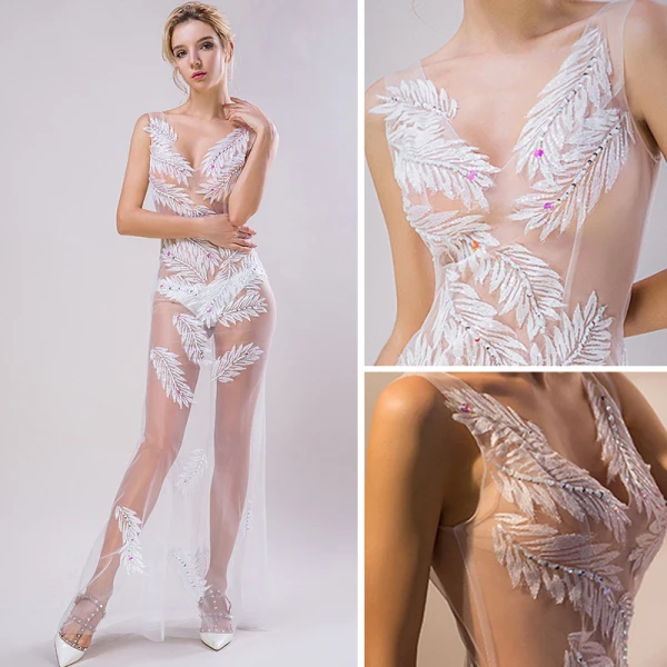 Sexy Blanche Transparentes Robe De Soirée 2018 Trompette / Sirène V-Cou Sans Manches Appliques En Dentelle Perlage Longue Volants Dos Nu Robe De Ceremonie
