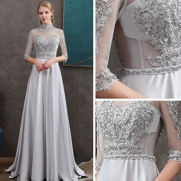 Vintage / Originale Gris Satin Transparentes Robe De Soirée 2020 Princesse Col Haut 1/2 Manches Appliques En Dentelle Ceinture Perlage Train De Balayage Volants Dos Nu Robe De Ceremonie