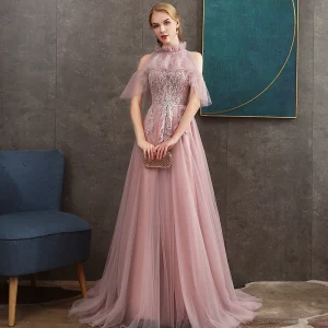 Chic Belle Perle Rose Transparentes Robe De Soirée 2020 Princesse Col Haut Manches Courtes Appliques En Dentelle Perle Perlage Train De Balayage Volants Dos Nu Robe De Ceremonie