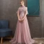 Chic / Beautiful Pearl Pink See-through Evening Dresses  2020 A-Line / Princess High Neck Short Sleeve Appliques Lace Pearl Beading Sweep Train Ruffle Backless Formal Dresses