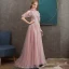 Chic / Beautiful Pearl Pink See-through Evening Dresses  2020 A-Line / Princess High Neck Short Sleeve Appliques Lace Pearl Beading Sweep Train Ruffle Backless Formal Dresses