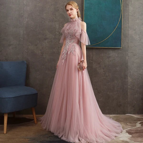Chic / Beautiful Pearl Pink See-through Evening Dresses  2020 A-Line / Princess High Neck Short Sleeve Appliques Lace Pearl Beading Sweep Train Ruffle Backless Formal Dresses