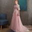 Chic / Beautiful Pearl Pink See-through Evening Dresses  2020 A-Line / Princess High Neck Short Sleeve Appliques Lace Pearl Beading Sweep Train Ruffle Backless Formal Dresses