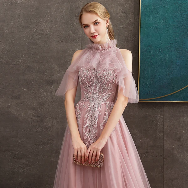 Chic / Beautiful Pearl Pink See-through Evening Dresses  2020 A-Line / Princess High Neck Short Sleeve Appliques Lace Pearl Beading Sweep Train Ruffle Backless Formal Dresses