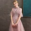 Chic / Beautiful Pearl Pink See-through Evening Dresses  2020 A-Line / Princess High Neck Short Sleeve Appliques Lace Pearl Beading Sweep Train Ruffle Backless Formal Dresses
