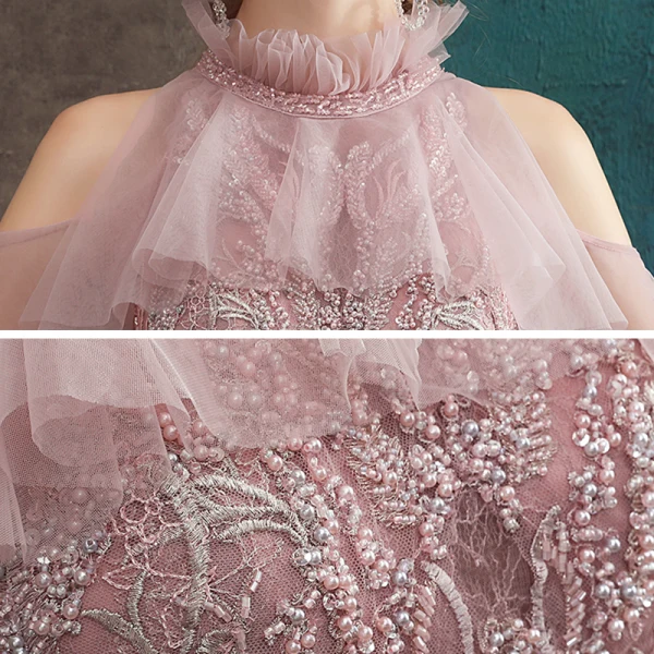 Chic / Beautiful Pearl Pink See-through Evening Dresses  2020 A-Line / Princess High Neck Short Sleeve Appliques Lace Pearl Beading Sweep Train Ruffle Backless Formal Dresses