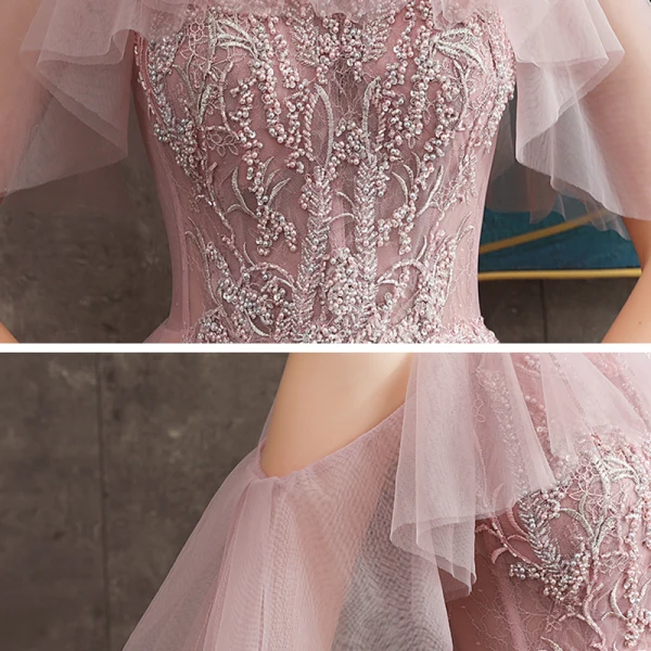Chic / Beautiful Pearl Pink See-through Evening Dresses  2020 A-Line / Princess High Neck Short Sleeve Appliques Lace Pearl Beading Sweep Train Ruffle Backless Formal Dresses