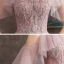 Chic / Beautiful Pearl Pink See-through Evening Dresses  2020 A-Line / Princess High Neck Short Sleeve Appliques Lace Pearl Beading Sweep Train Ruffle Backless Formal Dresses