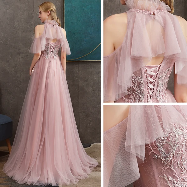 Chic / Beautiful Pearl Pink See-through Evening Dresses  2020 A-Line / Princess High Neck Short Sleeve Appliques Lace Pearl Beading Sweep Train Ruffle Backless Formal Dresses