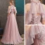 Chic / Beautiful Pearl Pink See-through Evening Dresses  2020 A-Line / Princess High Neck Short Sleeve Appliques Lace Pearl Beading Sweep Train Ruffle Backless Formal Dresses