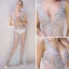 Sexy Bleu Ciel Transparentes Robe De Soirée 2018 Trompette / Sirène V-Cou Sans Manches Perlage Glitter Paillettes Longue Volants Dos Nu Robe De Ceremonie
