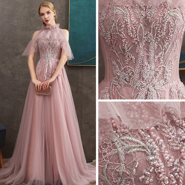 Chic / Beautiful Pearl Pink See-through Evening Dresses  2020 A-Line / Princess High Neck Short Sleeve Appliques Lace Pearl Beading Sweep Train Ruffle Backless Formal Dresses