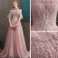 Chic / Beautiful Pearl Pink See-through Evening Dresses  2020 A-Line / Princess High Neck Short Sleeve Appliques Lace Pearl Beading Sweep Train Ruffle Backless Formal Dresses