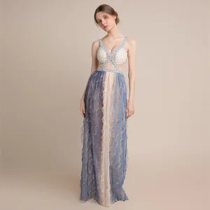 Sexy Champagne Gradient Color Sky Blue See Through Evening Dresses 2018 Sheath Fit Shoulders Sleeveless Sequins Beading Floor Length Long Ruffle Backless Formal Dresses