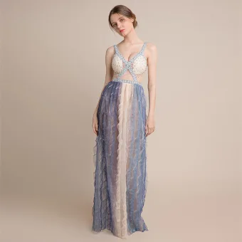 Sexy Champagne Gradient Color Sky Blue See Through Evening Dresses 2018 Sheath Fit Shoulders Sleeveless Sequins Beading Floor Length Long Ruffle Backless Formal Dresses