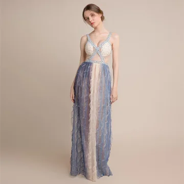 Sexy Champagne Gradient Color Sky Blue See Through Evening Dresses 2018 Sheath Fit Shoulders Sleeveless Sequins Beading Floor Length Long Ruffle Backless Formal Dresses
