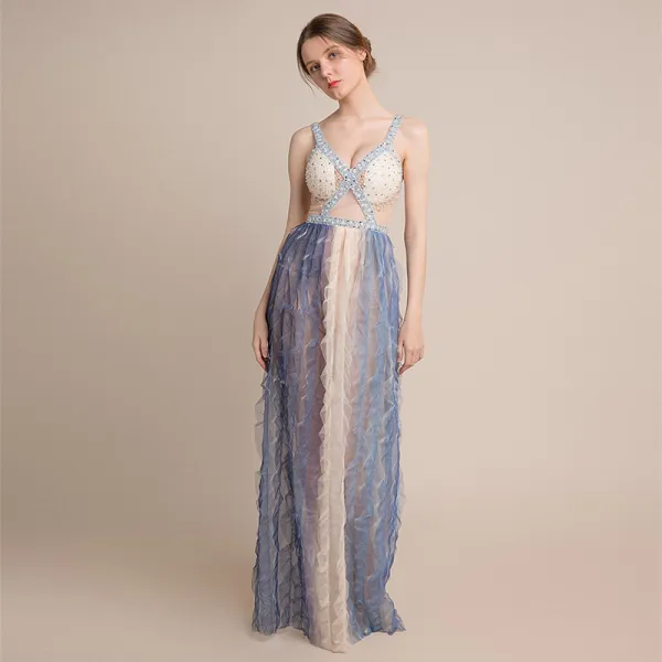 Sexy Champagne Gradient-Color Sky Blue See-through Evening Dresses  2018 Sheath / Fit Shoulders Sleeveless Sequins Beading Floor-Length / Long Ruffle Backless Formal Dresses