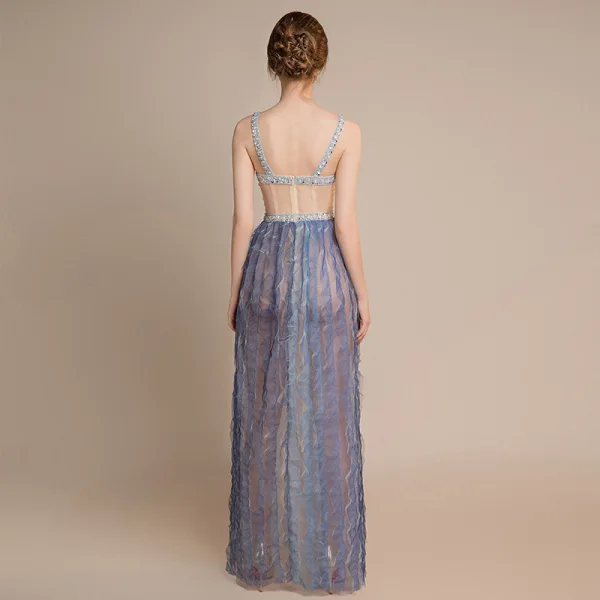 Sexy Champagne Dégradé De Couleur Bleu Ciel Transparentes Robe De Soirée 2018 Gaine / Ajustement épaules Sans Manches Paillettes Perlage Longue Volants Dos Nu Robe De Ceremonie